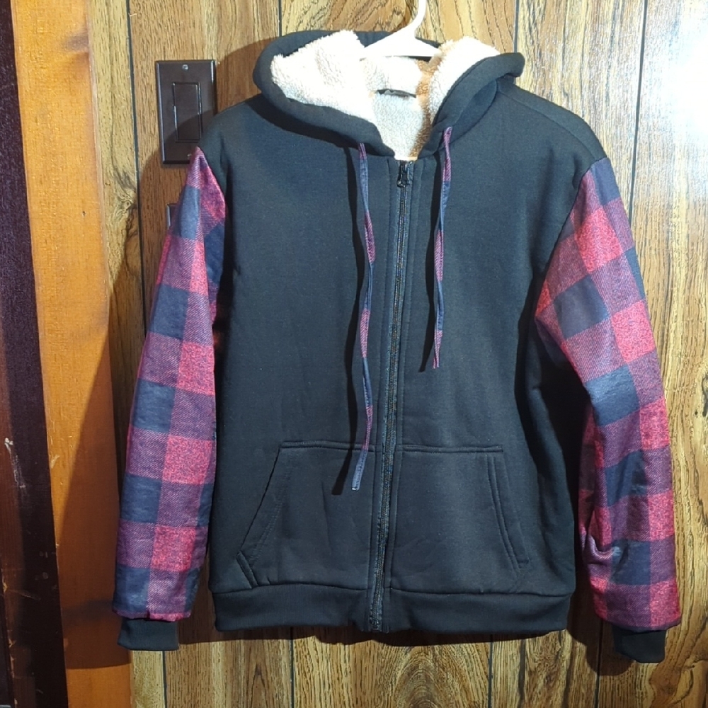 Plaid Sleeve Teddy Jacket - Black and Red